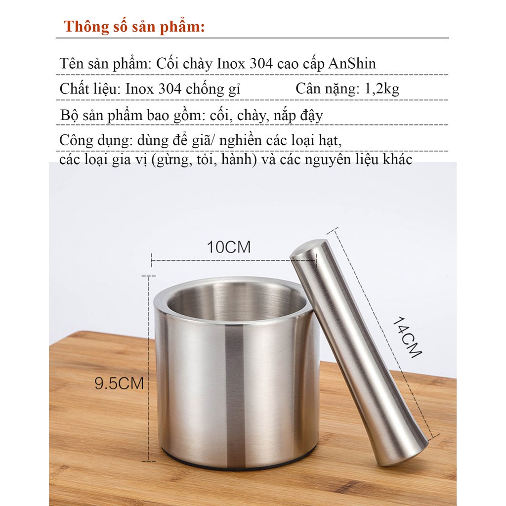 Bộ cối chày inox 304 cao cấp chống nấm mốc độc hại