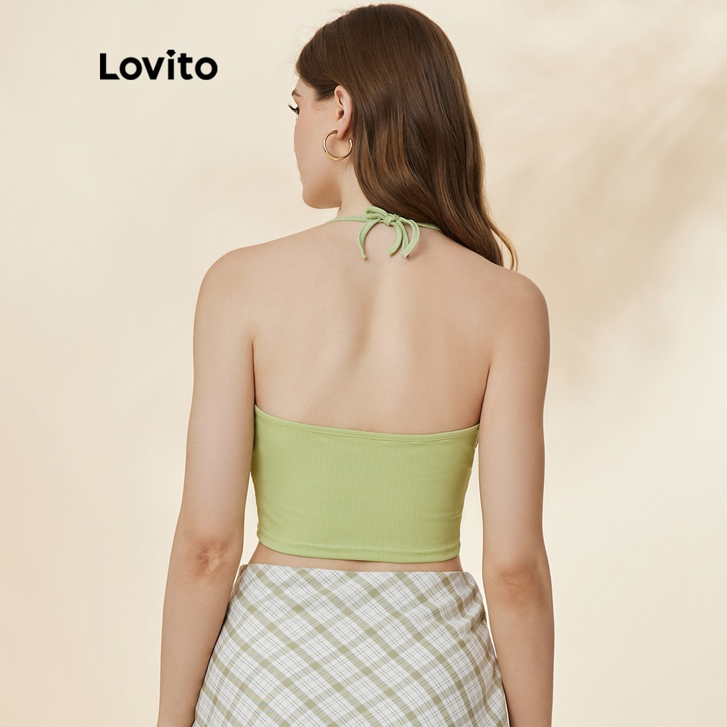 Áo sát nách Lovito thiết kế dây yếm đeo cắt xẻ phong cách cơ bản trơn màu L19D393 (màu xanh lá)