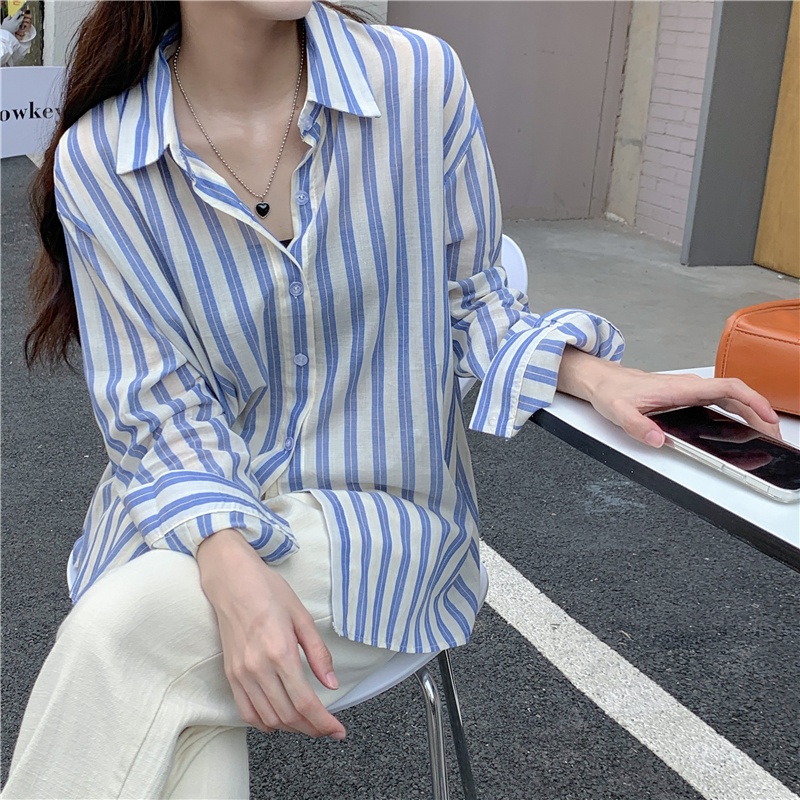 Áo Sơ Mi Tay Dài Họa Tiết Kẻ Sọc Phong Cách Retro Thời Trang