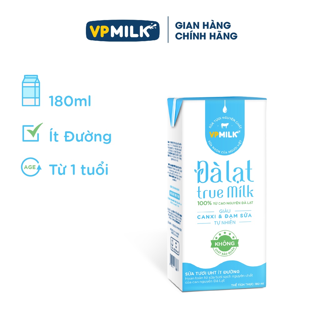 {12 lốc 180ml ít đường} Sữa Tươi Đà Lạt True Milk, Sữa Tươi Giàu Canxi, Đạm Sữa Tự Nhiên