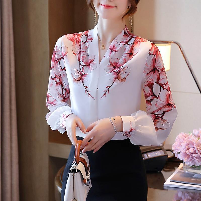 KOREAN STYLE Áo Sơ Mi Tay Dài Hoạ Tiết Hoa Phong Cách Hàn Quốc Thanh Lịch