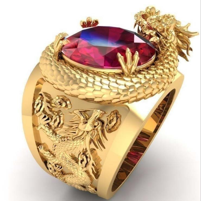Nhẫn hình rồng vàng 3D đính đá hồng ngọc nhân tạo phong cách hip hop thời trang dành cho bạn nam