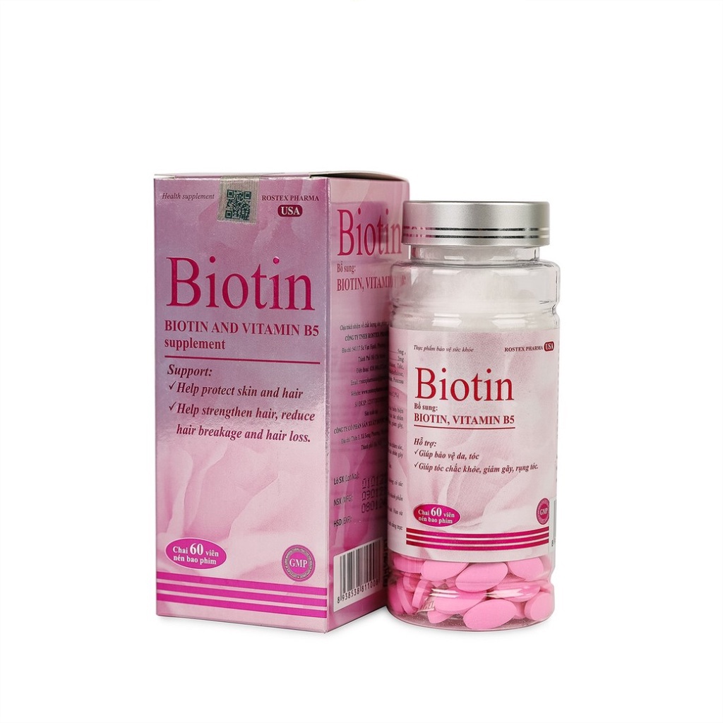 Viên uống BIOTIN bổ sung Biotin và Vitamin B5 giúp giảm rụng tóc, bảo vệ da, chắc móng – Hộp 60 viên