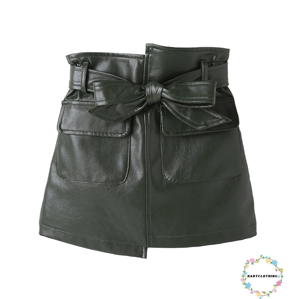 Chân váy ngắn da PU dáng chữ A lưng cao màu trơn có túi và dây thắt lưng thời trang thu đông dành cho bé gái