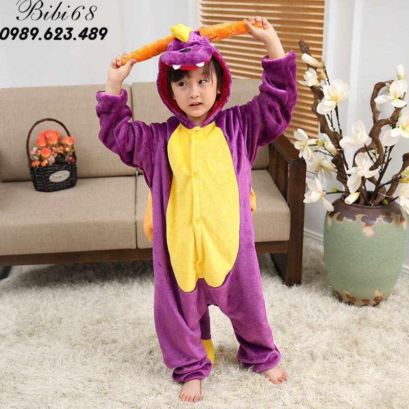 Bộ Đồ hình thú rồng tím liền thân lông mịn Pijama dành Cho Người Lớn và Trẻ Em Hoạt Hình Cosplay