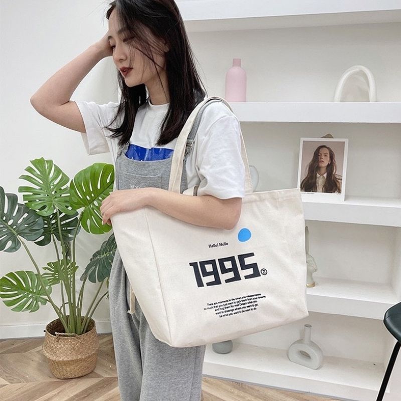 Túi tote túi vải canvas cỡ lớn 1995 có khóa miệng ngăn phụ bên trong