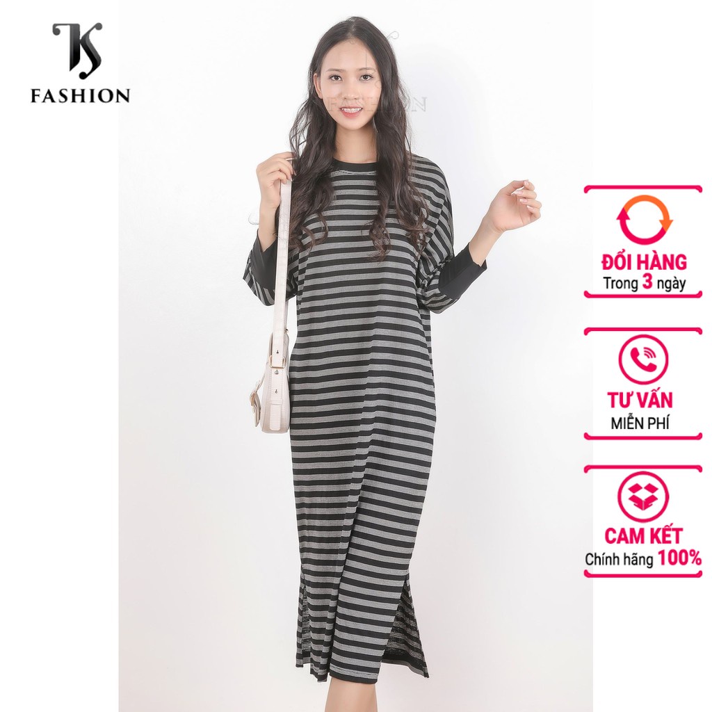 Đầm suông nữ dáng dài, họa tiết kẻ, bo tay, thiết kế cao cấp TK FASHION DKB38
