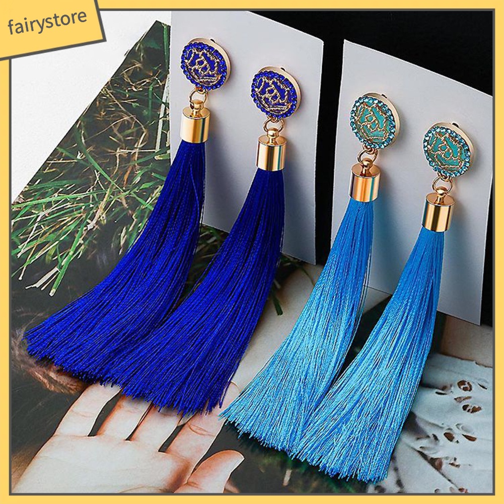 Khuyên Tai Dáng Dài Hình Hoa Hồng Phối Tua Rua Phong Cách Dân Tộc