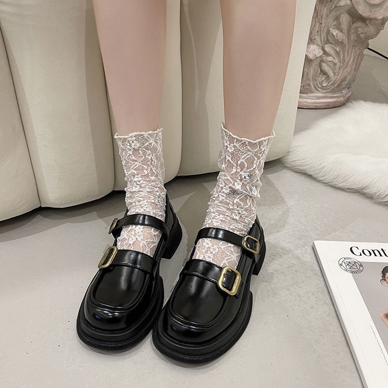 Giày da nữ đế dày mũi tròn da lì phong cách Nhật Bản retro