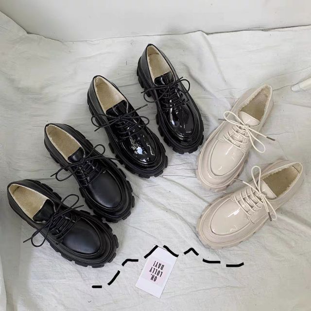 (Ảnh thật) Giày ulzzang da bóng lót lông độn đế | BigBuy360 - bigbuy360.vn