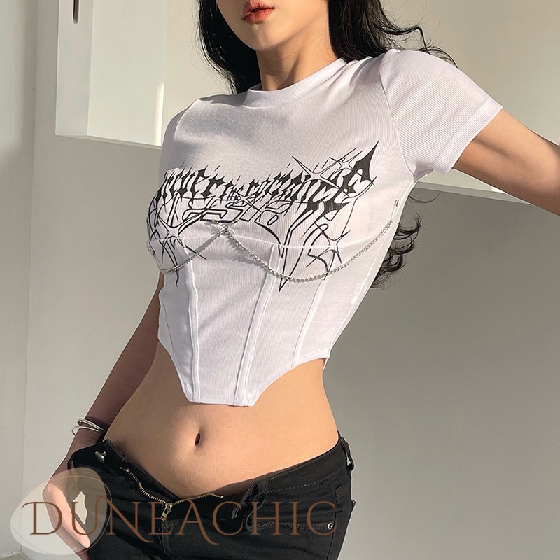 DUNEA Áo thun lửng dáng ôm in họa tiết phối dây xích thời trang mùa hè cho nữ