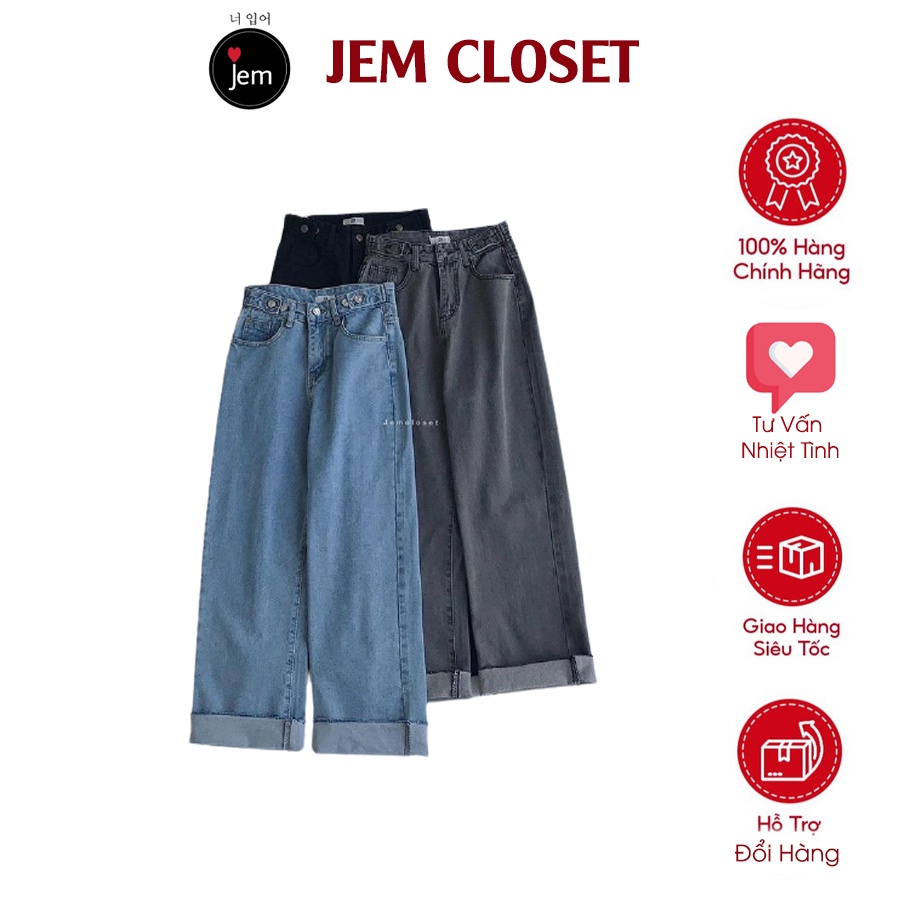Quần Jeans Ống Suông Rách Gấu JEMCLOSET Quần Bò Nữ Ông Rộng US Có Nút Cài Tùy Chỉnh Eo Phong Cách Năng Động 2256