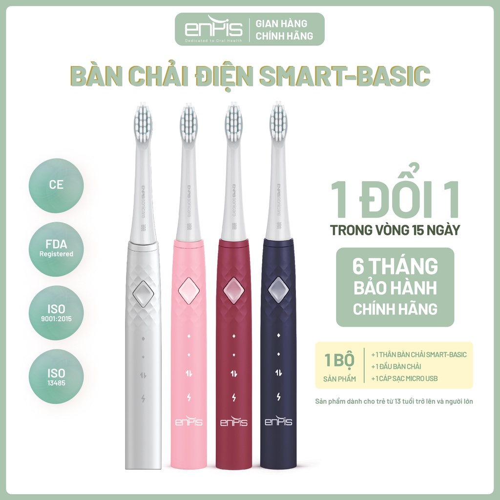 Bàn chải điện ENPIS SMART BASIC chính hãng, sóng âm SONIC, Kháng nước IPX7, bảo hàng 6 tháng enpis_hcm