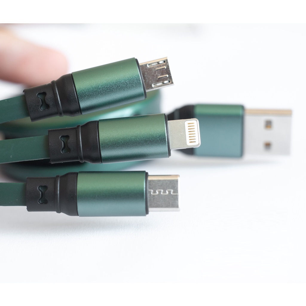 Cáp Sạc 2.4A Dây Cao Su đầu vào USB, Cuộn Tròn đầu ra 3 Đầu Lighting, Micro, Type C