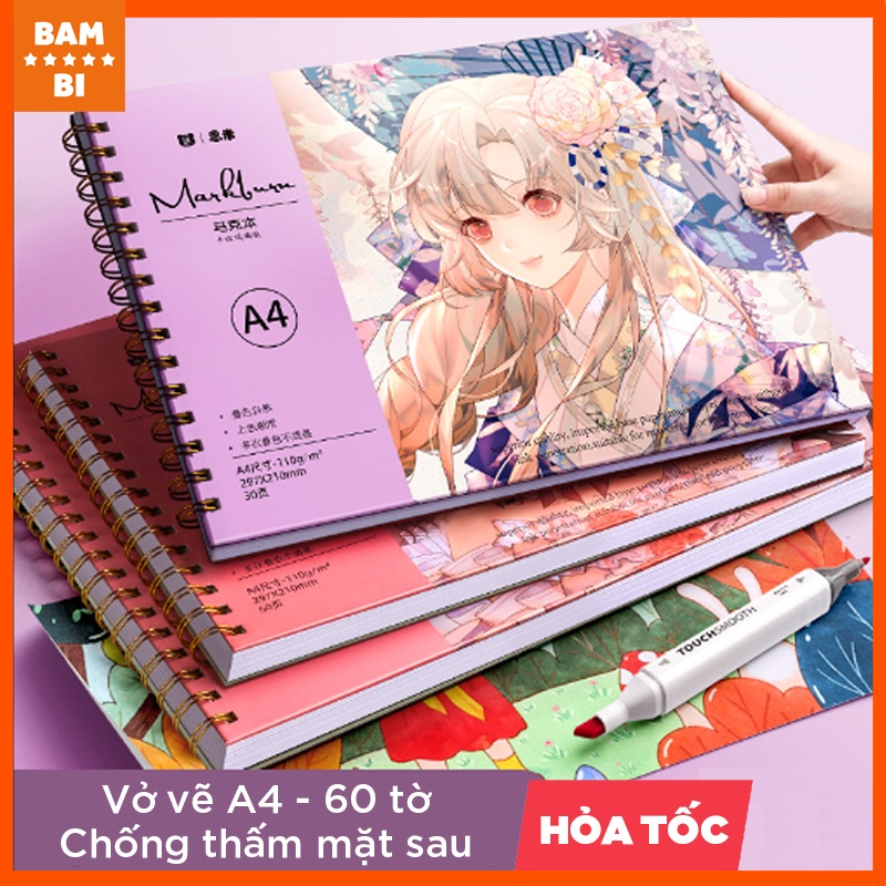 Vở vẽ A4 lò xo, sổ phác thảo, sketchbook 110gsm, 120 trang (60 tờ) 3 màu Xanh/Hồng/Tím chống thấm mặt sau