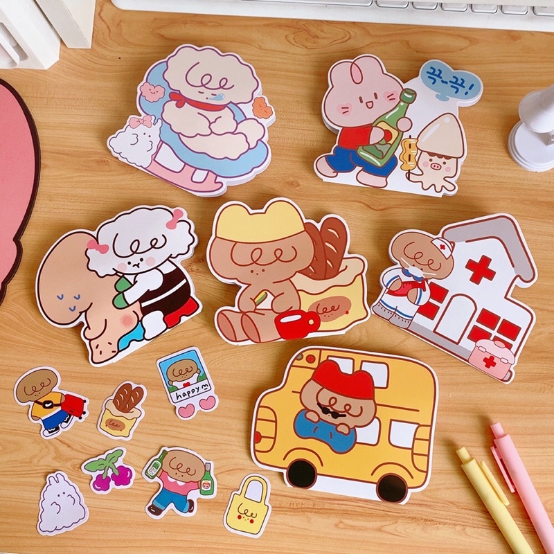 SET STICKER HÌNH CHÚ GẤU DỄ THƯONG 40 MIẾNG KÈM TÚI BÌA GIẤY CUTE DỄ THƯƠNG