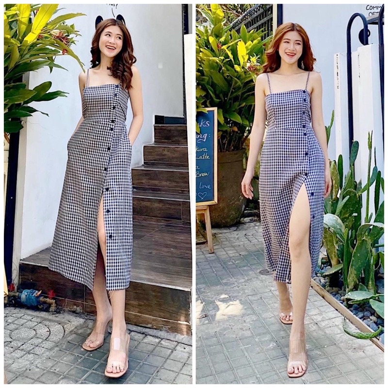 Đầm hai dây caro gài nút, váy maxi đi biển du lịch dạo phố (kèm hình thật)