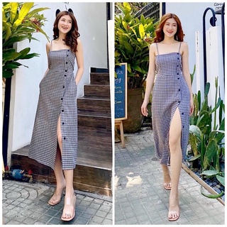 Đầm hai dây caro gài nút, váy maxi đi biển du lịch dạo phố (kèm hình thật)
