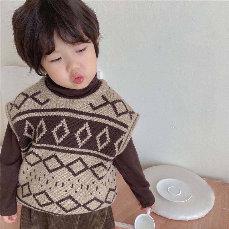 Áo len sát nách dệt kim thiết kế mới phong cách vintage thời trang dành cho bé trai