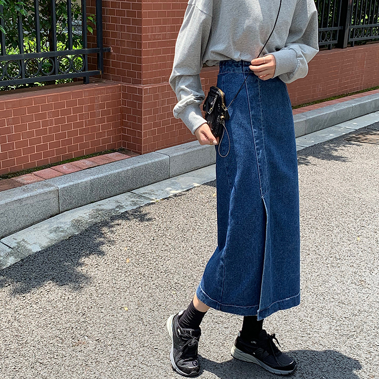 Chân váy jean dài cạp cao xẻ tà thời trang 36975