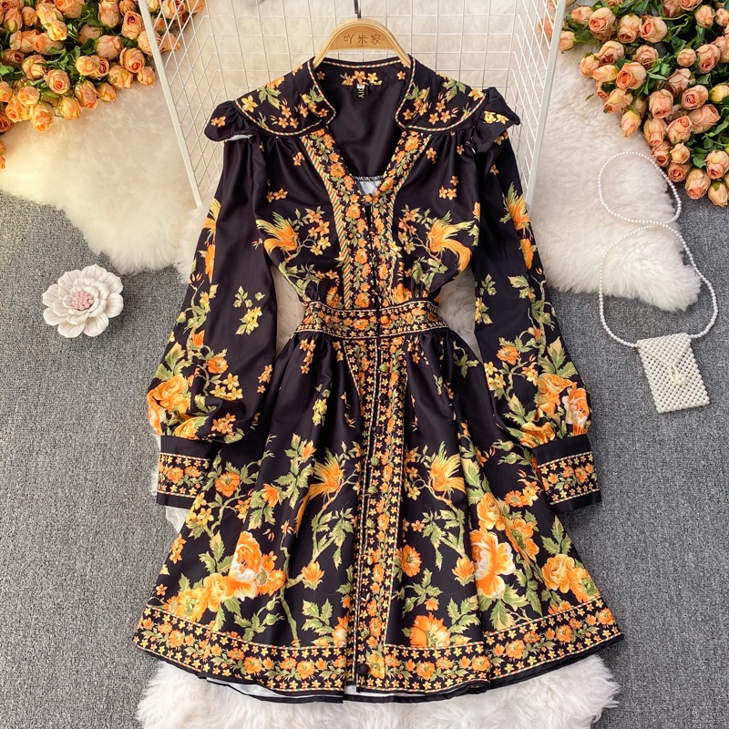 #1833  Đầm tay dài 2 màu họa tiết hoa đủ size chữ A dáng cổ V phong cách cổ điển