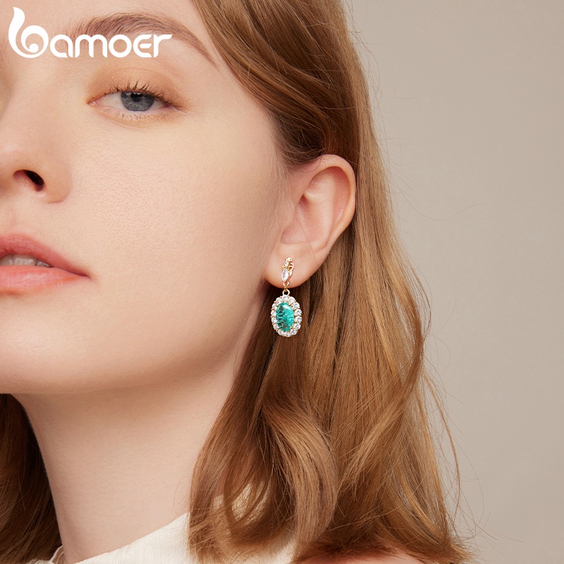 BAMOER Bông Tai ĐíNh Đá MàU Xanh Lá Sang TrọNg