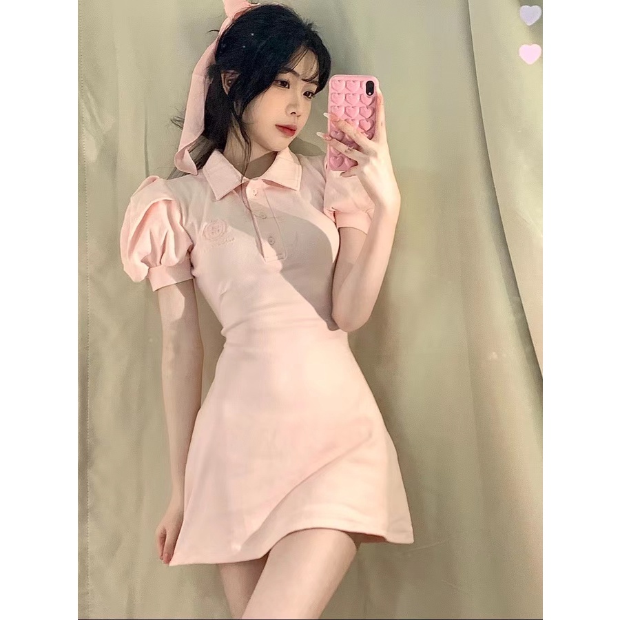 Đầm ZHELIHANGFEI tay ngắn cổ polo màu hồng dáng ôm thời trang mùa hè xinh xắn dễ thương cho nữ