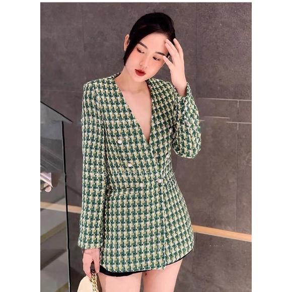 Áo khoác dạ tweed kẻ ô màu xanh