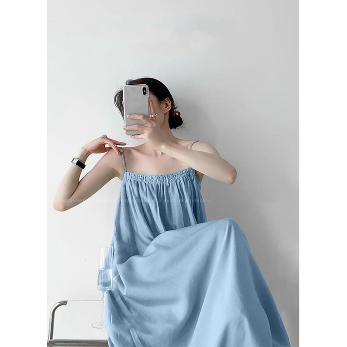 Đầm maxi 2 dây chun ngực dáng dài màu xanh cốm cực trend kèm turban | BigBuy360 - bigbuy360.vn