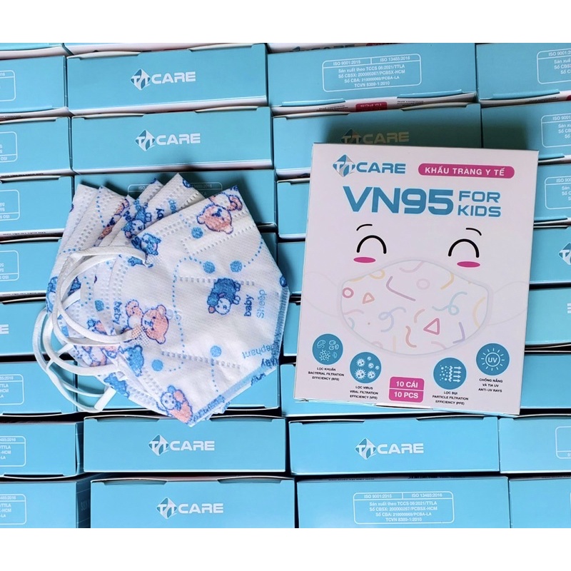 ✅ Hộp 10 khẩu trang VN95 TTcare cho trẻ em dưới 7 tuổi họa tiết Gấu xanh