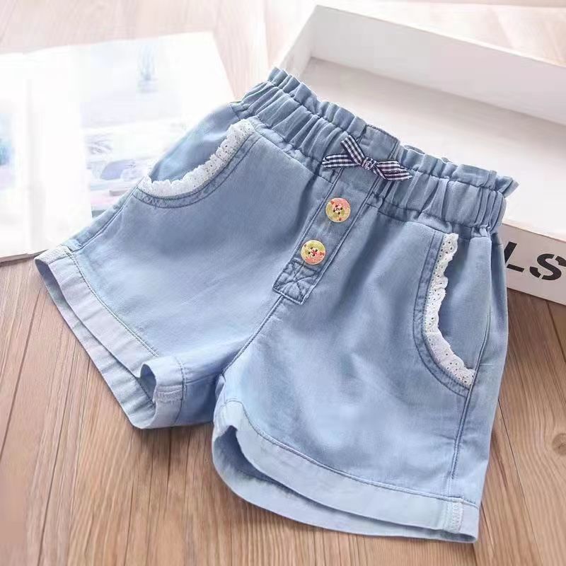 Quần Short Denim Co Giãn Phối Ren Phong Cách Mới 2022 Dễ Phối Đồ Cho Bé Gái