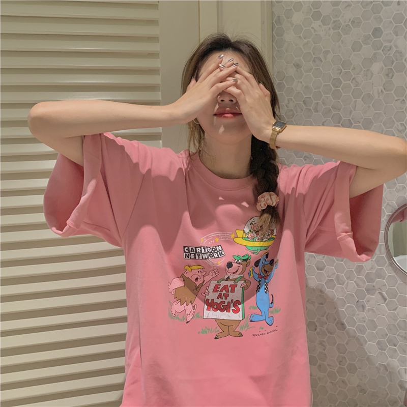 Áo thun tay ngắn dáng rộng in họa tiết hoạt hình thời trang mùa hè cho nữ