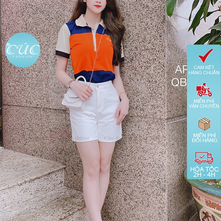 Áo phông polo Cúc Fashion unisex nam nữ đồng phục công sở tay ngắn vải thun cotton cá sấu phối cam cổ be  AP133