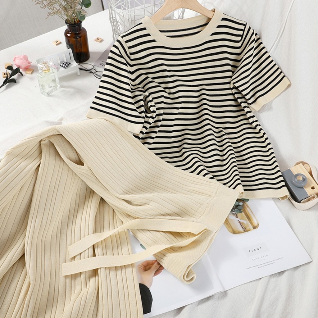 Order set áo phông thun hè kẻ ngang, quần thun tăm trẻ trung