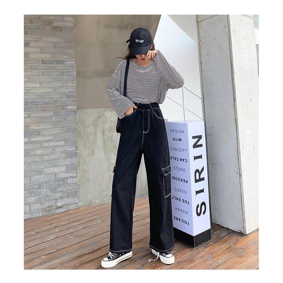 Quần suông ống rộng unisex giả jean viền chỉ lưng cao kèm túi hộp 2 bên màu đen GuuZ Fashionista | BigBuy360 - bigbuy360.vn