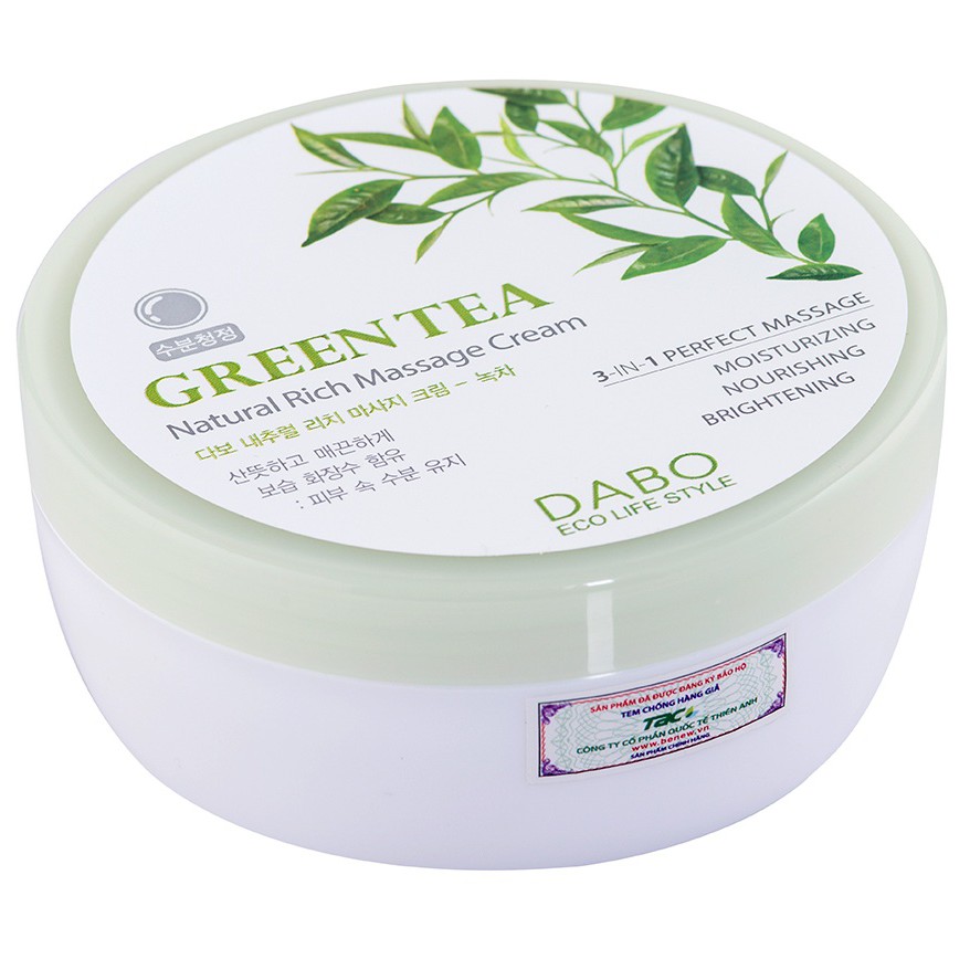 DABO Natural Rich Massage Cream Green Tea Hàn quốc 200ml/Hộp kem dưỡng da trà xanh trắng da, căng cơ ngừa mụn