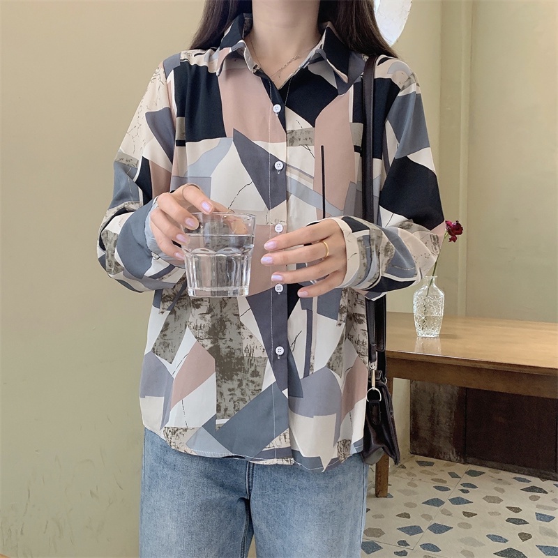 【ZHELIHANGFEI】Áo Sơ Mi Tay Dài Form Rộng Họa Tiết In Theo Phong Cách Retro Dễ Phối Đồ