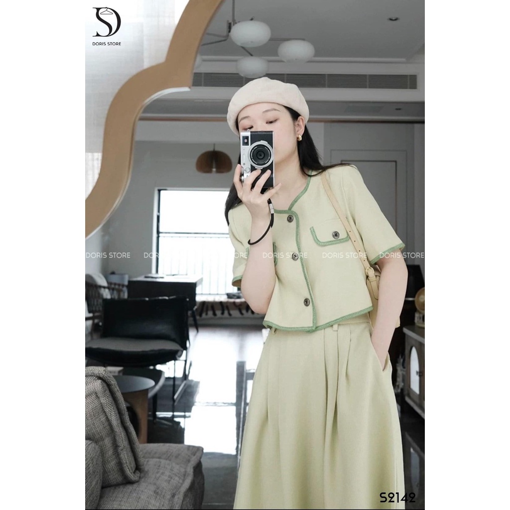 Set chân váy ngắn tay viền chỉ mix chân váy dài be sữa DN100