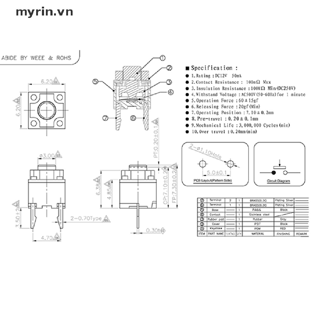 Set 10 Nút Công Tắc Micro Không Dây 6 * 6 * 7.3 Im Lặng Chuyên Dụng
