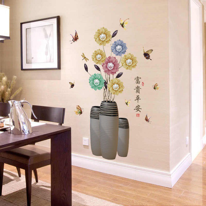 Decal trang trí tường họa tiết bình hoa bắt mắt loại 60x90cm siêu đpẹ và siêu tiện dụng (DDT69)