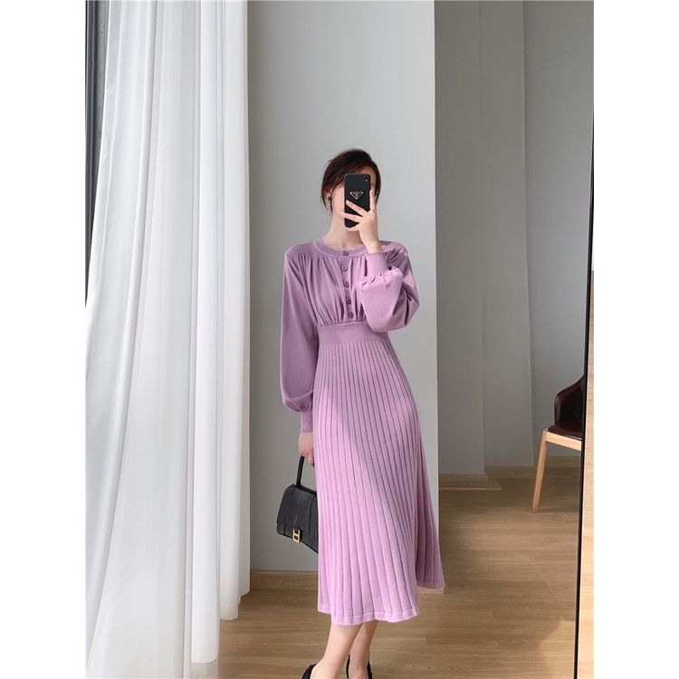 Váy len nữ xinh dáng dài xếp ly tay bồng phong cách trẻ trung mẫu mới thu đông