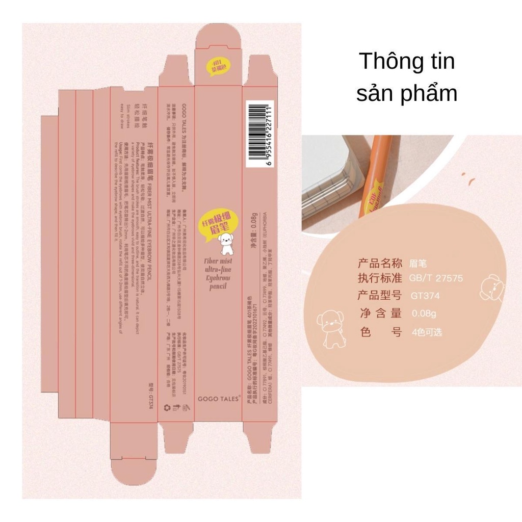 Chì kẻ mày 2 đầu  GoGo Tales Ultra Fine GT374 nét siêu mảnh 1.5mm lên màu nhanh đều cầm chắc tay dễ kẻ