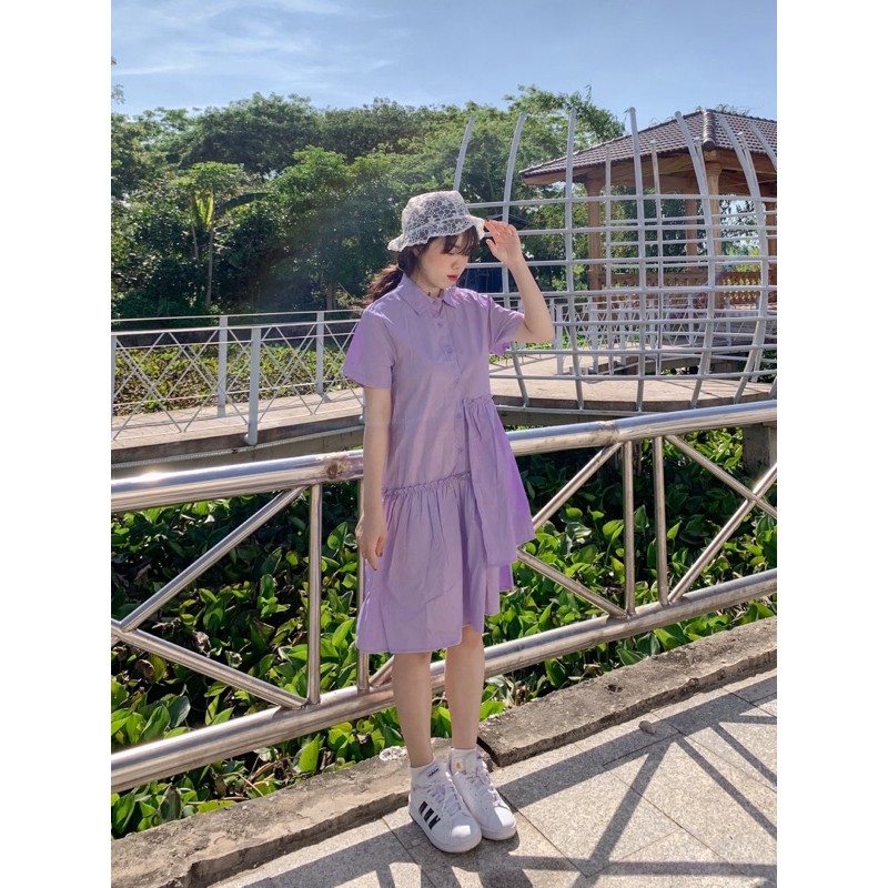 Đầm babydoll cổ polo tím tay ngắn