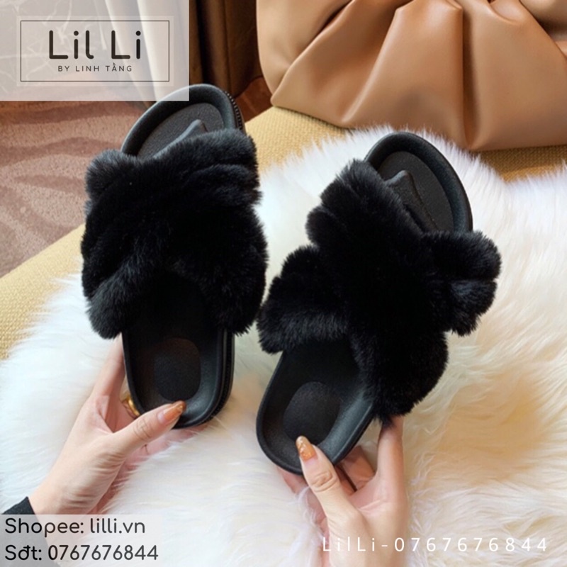 Dép lông quai ngang quai chéo lông xù bản to cao cấp mang trong nhà, văn phòng, đi chơi