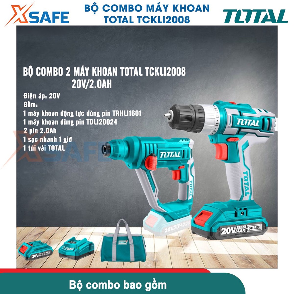Bộ máy khoan cầm tay TOTAL TCKLI2008 gồm 2 máy khoan pin 20V, kèm 2 pin 2.0Ah 1 sạc, dùng khoan đục gỗ, bê tông,kim loại