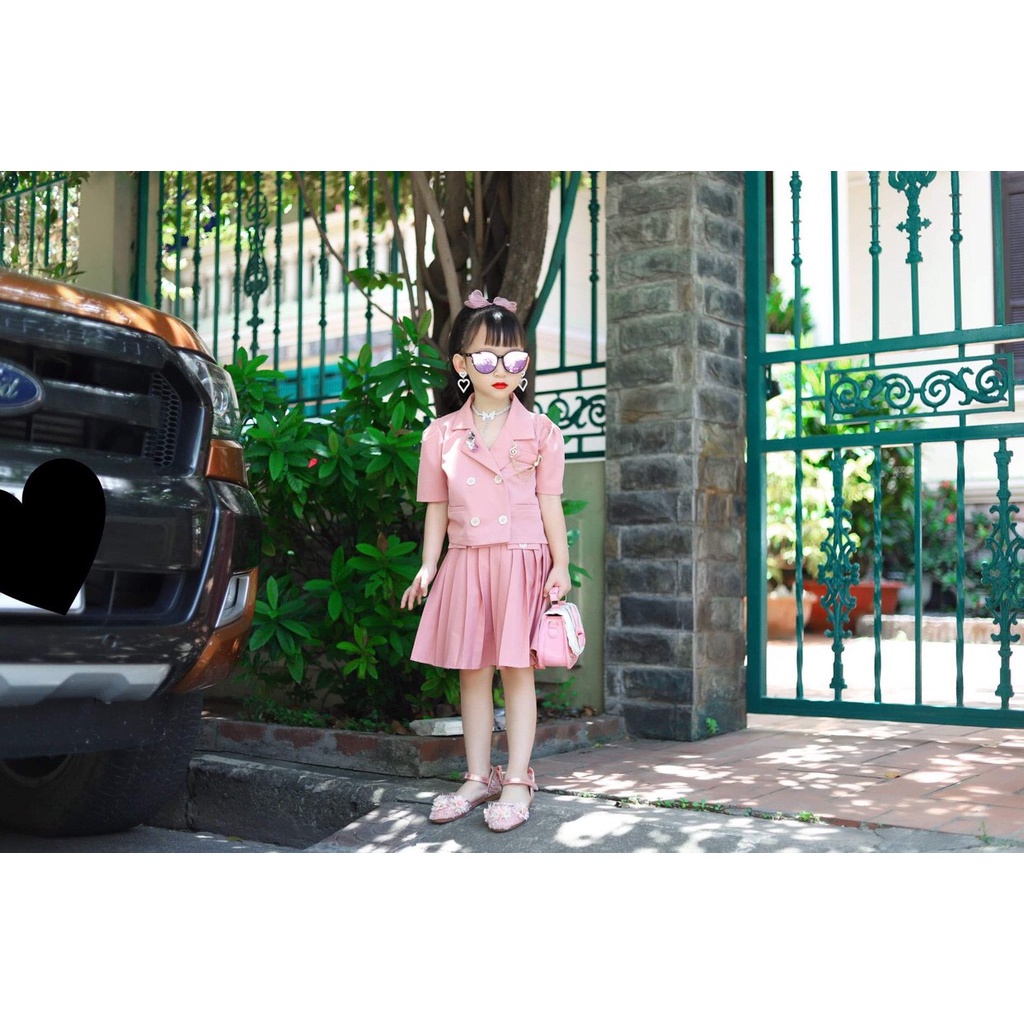 Set váy Vest bé gái hồng Áo và Chân váy xếp ly liền quần