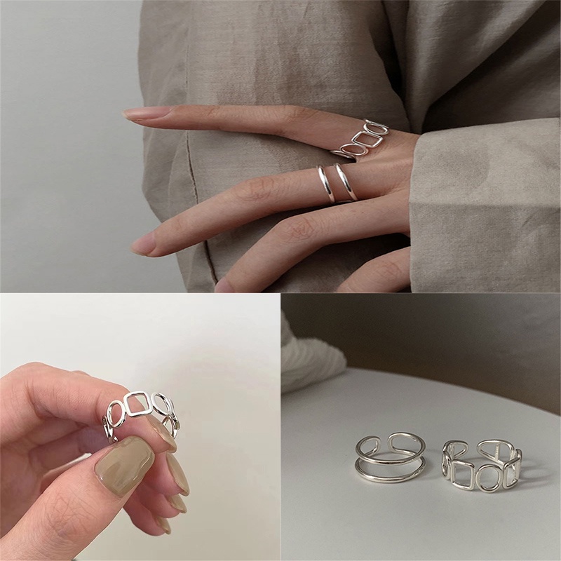 Set 2 Nhẫn Hở Hai Lớp Màu Bạc Tùy Chỉnh Phong Cách Hàn Quốc Cho Nam Và Nữ