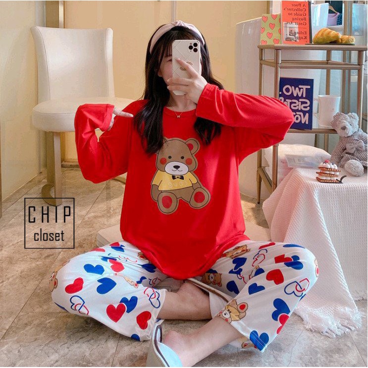 Đồ Bộ Thun Tay Dài Quảng Châu - Pijama Quần Dài - Đồ Mặc Ở Nhà Họa Tiết Hoạt Hình Dễ Thương TQ002