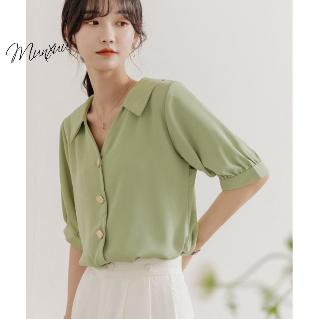 Áo sơ mi nữ kiểu Munxuu tay áo ngắn bồng nhẹ, chất liệu mềm mại chống nhăn thời trang công sở - SP44