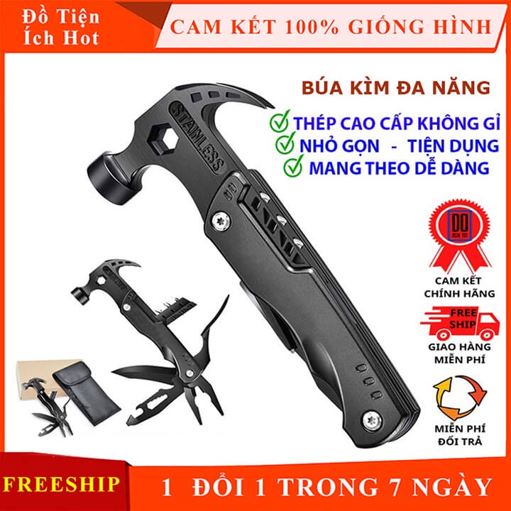 Búa kìm đa năng gấp gọn 14 trong 1 bằng thép không gỉ, bộ dụng cụ đi phượt, phá kính ô tô cứu hộ khi gặp sự cố